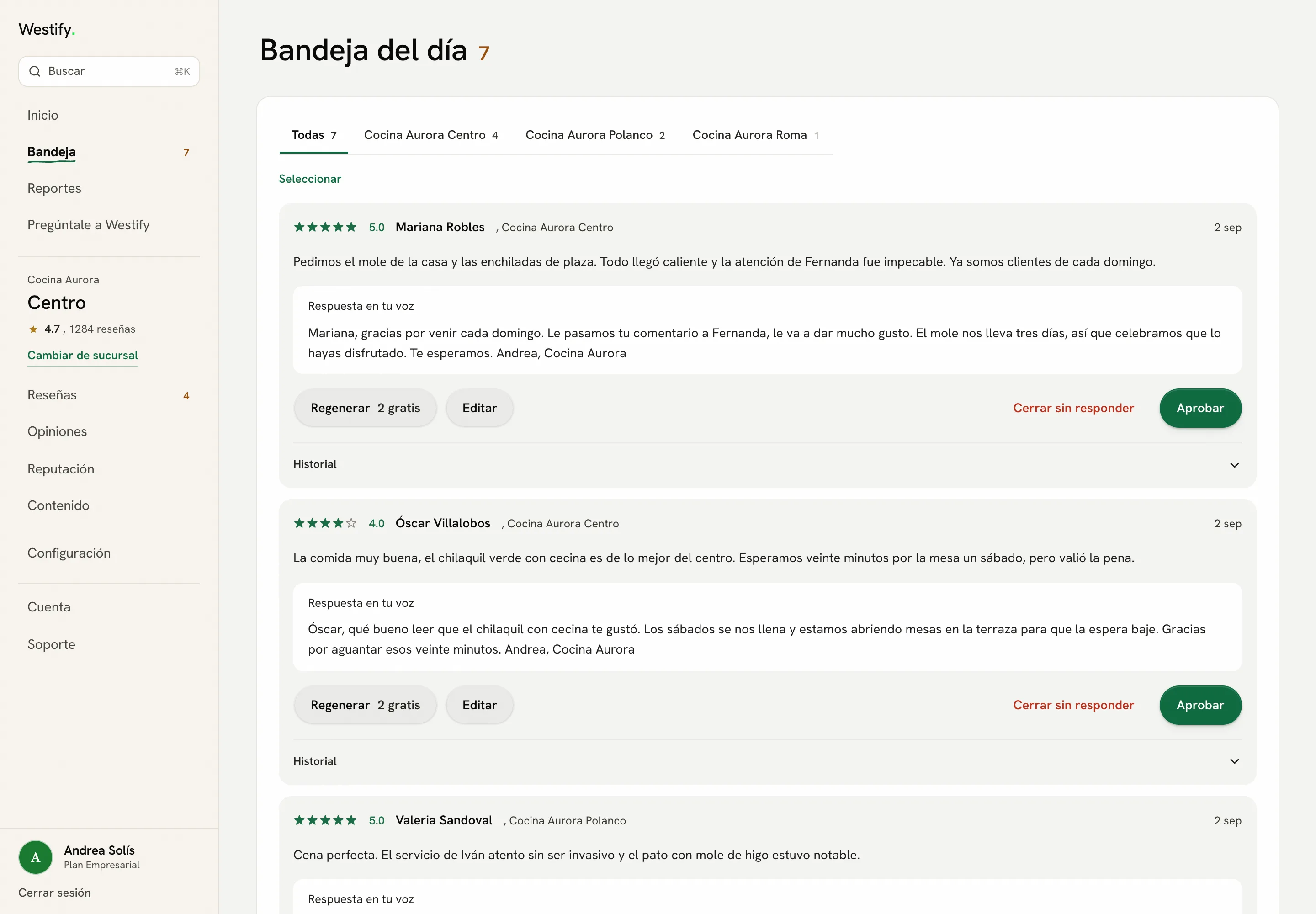 La bandeja del día en el panel de Westify.