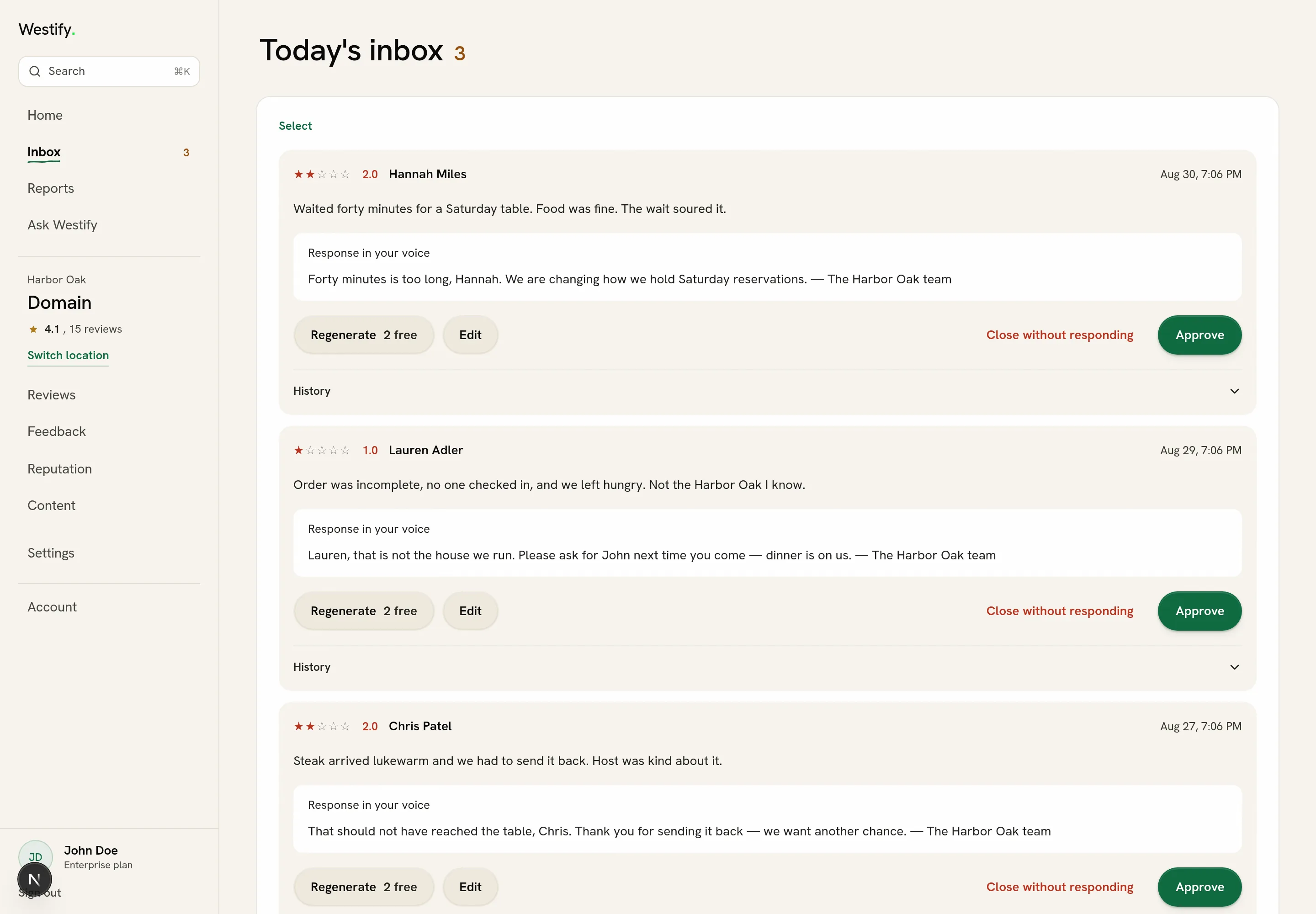 Today's inbox in the Westify panel.